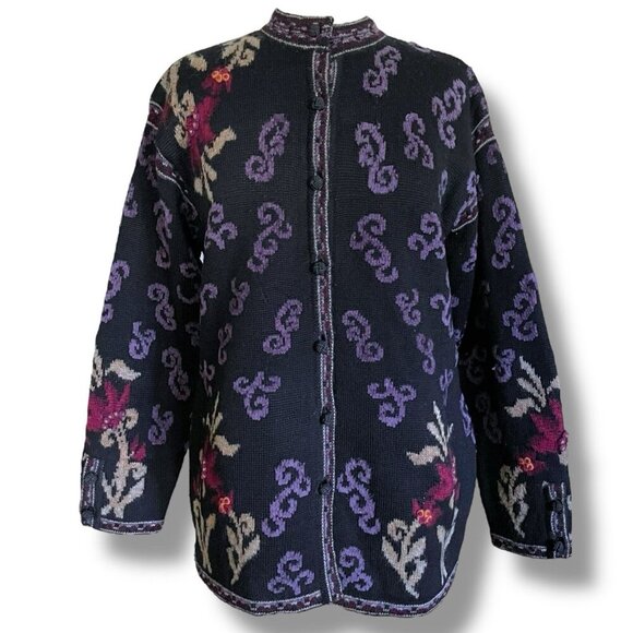 Nordic Design Womens Cardigan Medium Black Purple Wool Chenille Floral Sweater - Picture 1 of 6